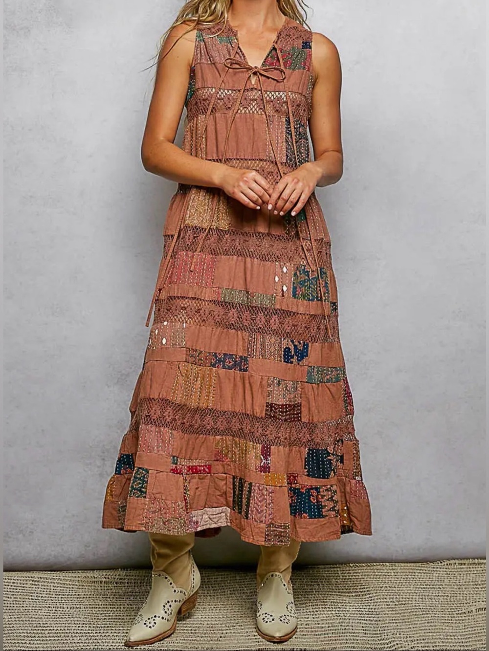 NEW Pol Boho Patchwork Lace Trim Maxi Dress in Mocha